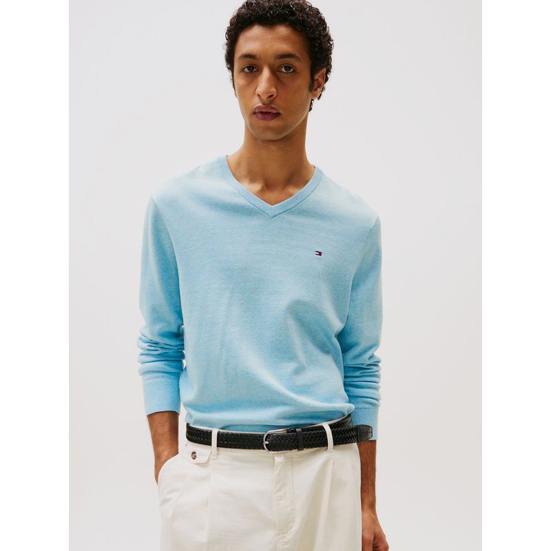 TOMMY HILFIGER - Sweater Básico Signature V-Neck Celeste Tommy Hilfiger