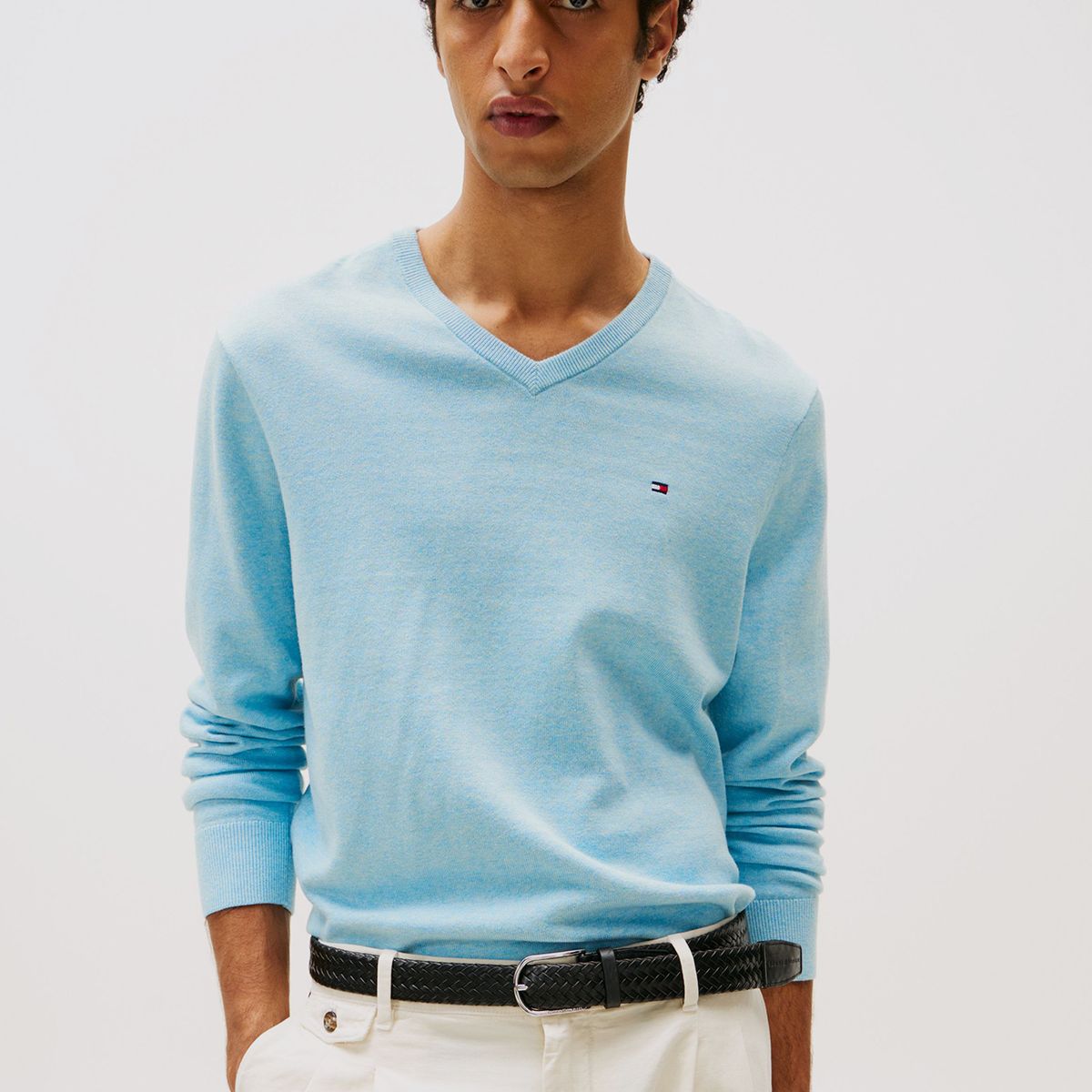 TOMMY HILFIGER - Sweater Básico Signature V-Neck Celeste Tommy Hilfiger