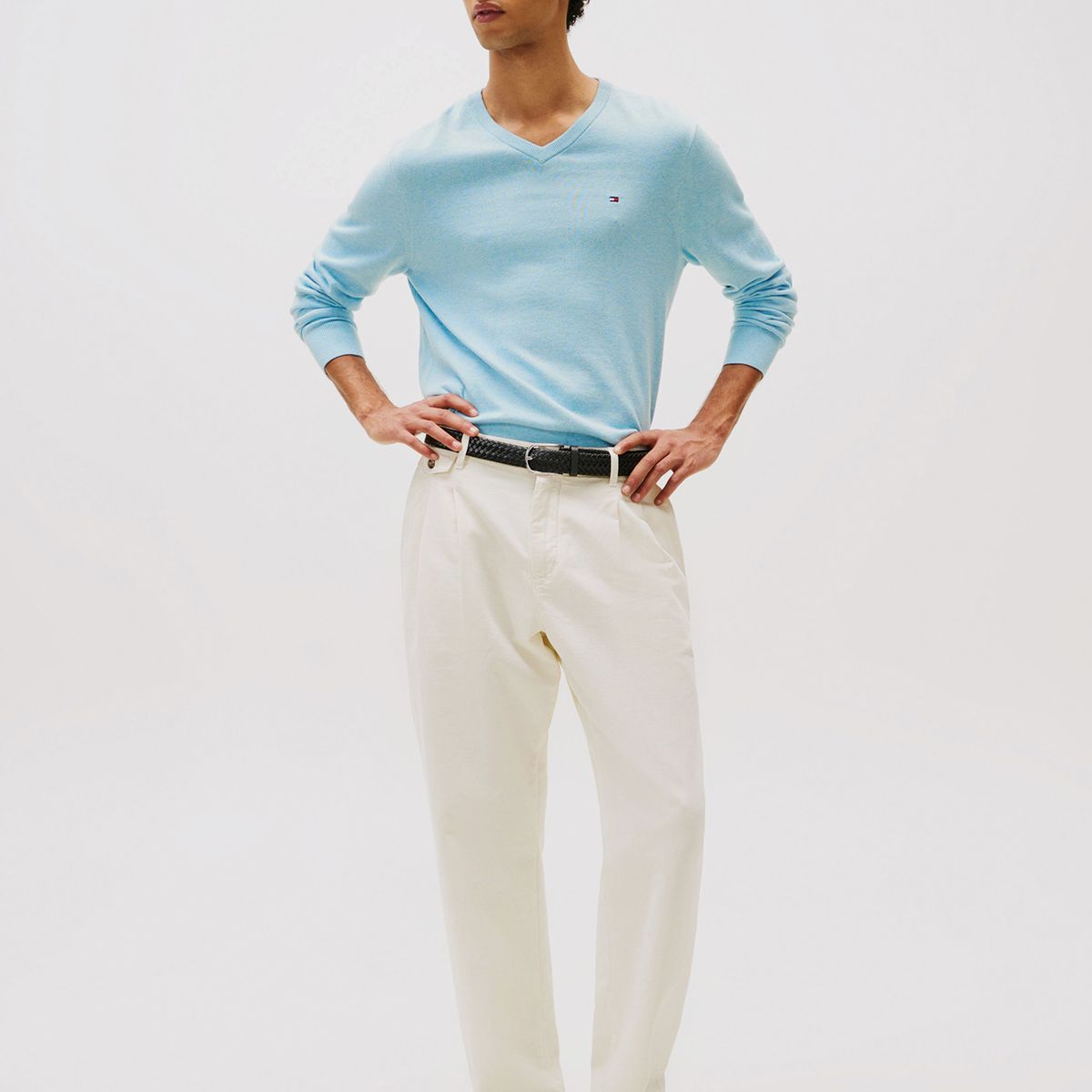 TOMMY HILFIGER - Sweater Básico Signature V-Neck Celeste Tommy Hilfiger