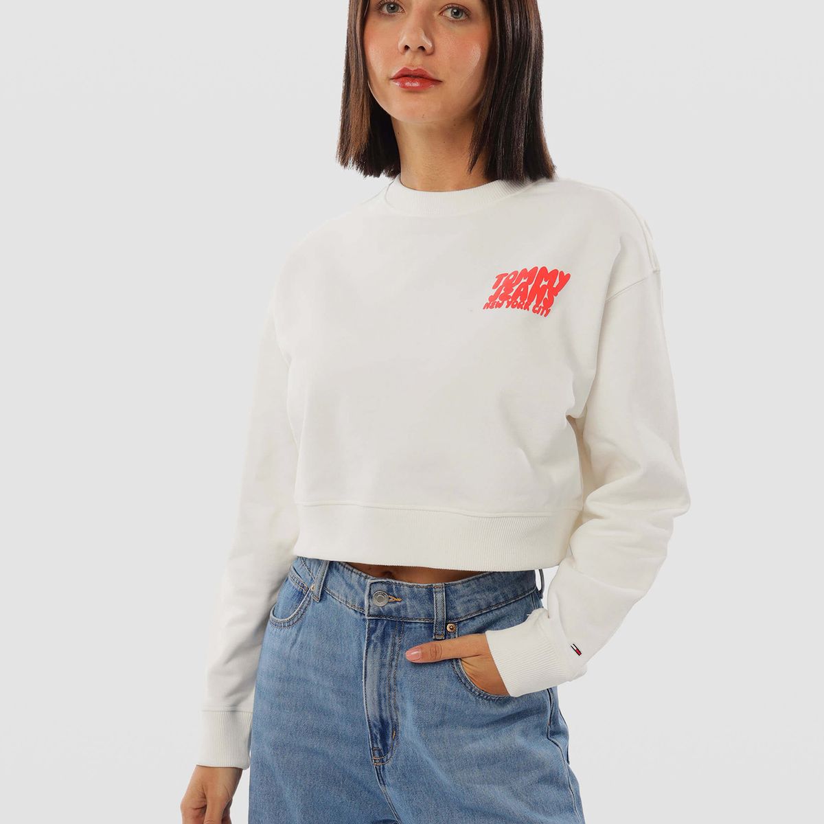 TOMMY HILFIGER - Polerón Cropped Bubble Logo Blanco Tommy Jeans