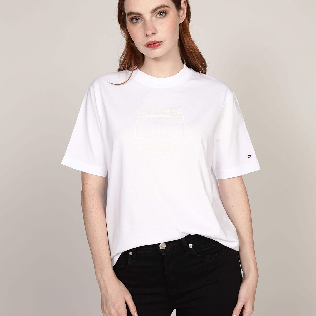 TOMMY HILFIGER - Polera Outline Flag Logo Blanco Tommy Hilfiger