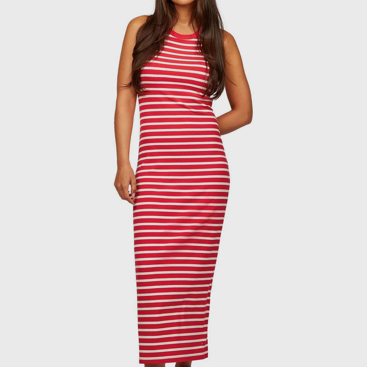 TOMMY HILFIGER - Vestido Maxi Acanalado Ajustado Rojo Tommy Hilfiger