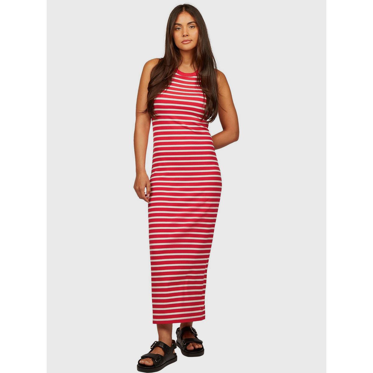 TOMMY HILFIGER - Vestido Maxi Acanalado Ajustado Rojo Tommy Hilfiger