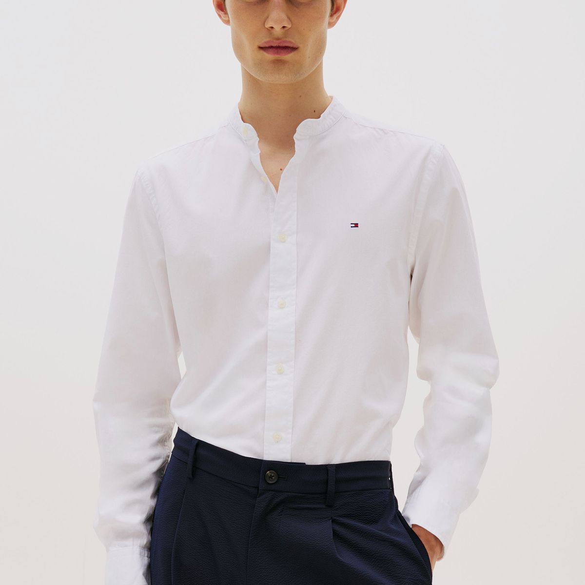 TOMMY HILFIGER - Camisa De Popelín Con Cuello Mao Blanco Tommy Hilfiger