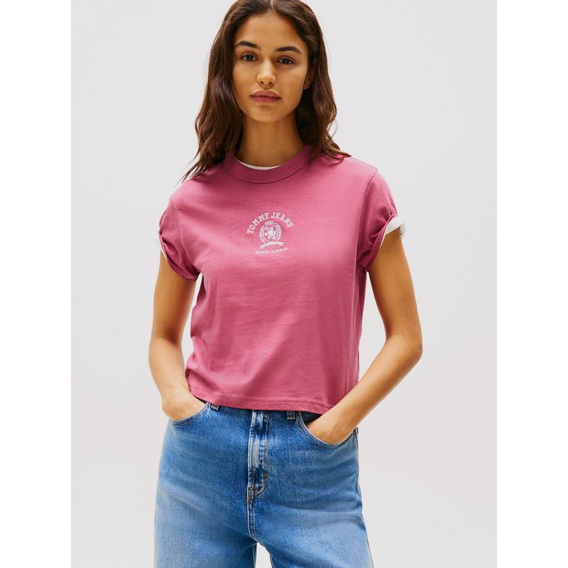 TOMMY HILFIGER - Polera Varsity Crest Logo Rosado Tommy Jeans