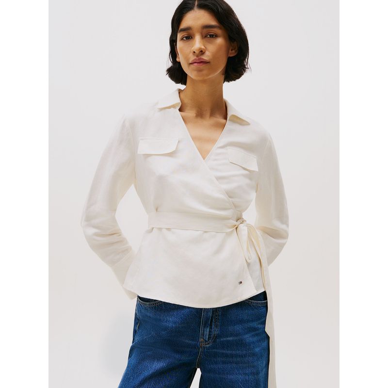 TOMMY HILFIGER - Blusa De Lino Con Diseño Cruzado Blanco Tommy Hilfiger
