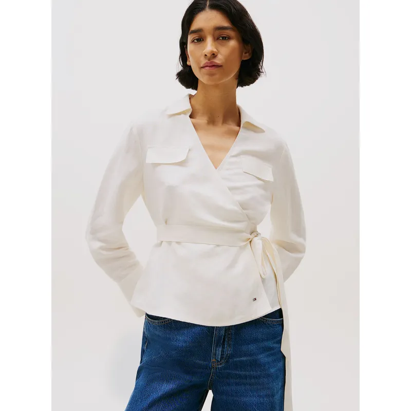 TOMMY HILFIGER - Blusa De Lino Con Diseño Cruzado Blanco Tommy Hilfiger