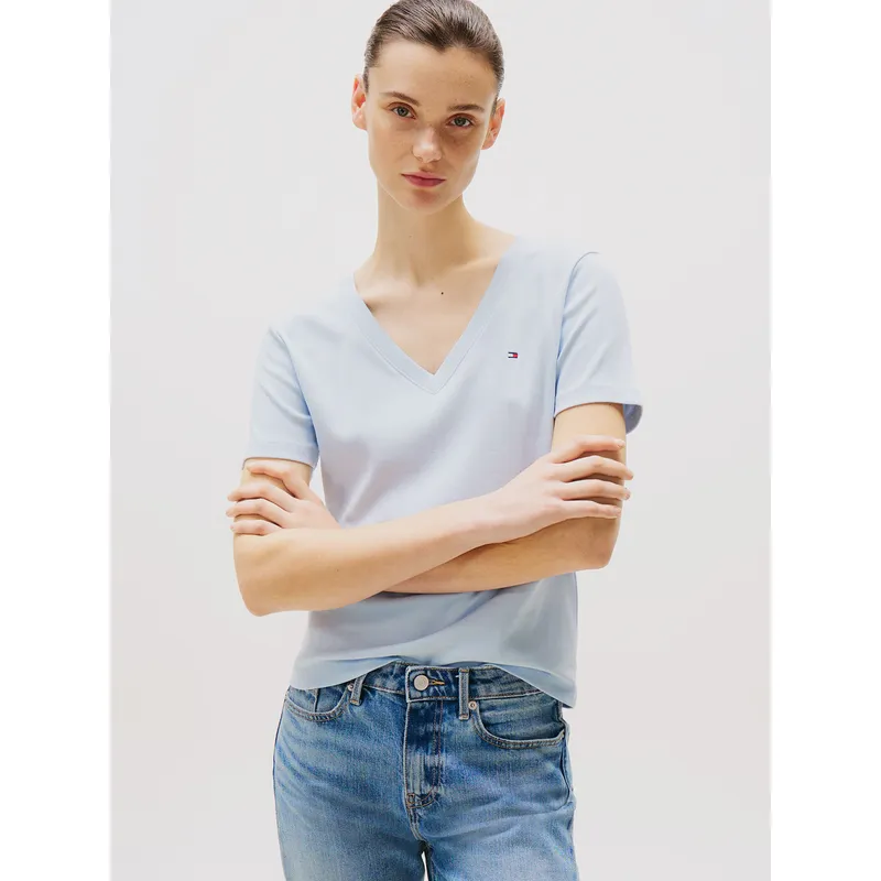 TOMMY HILFIGER - Polera A Rayas V-Neck Slim Fit Celeste Tommy Hilfiger