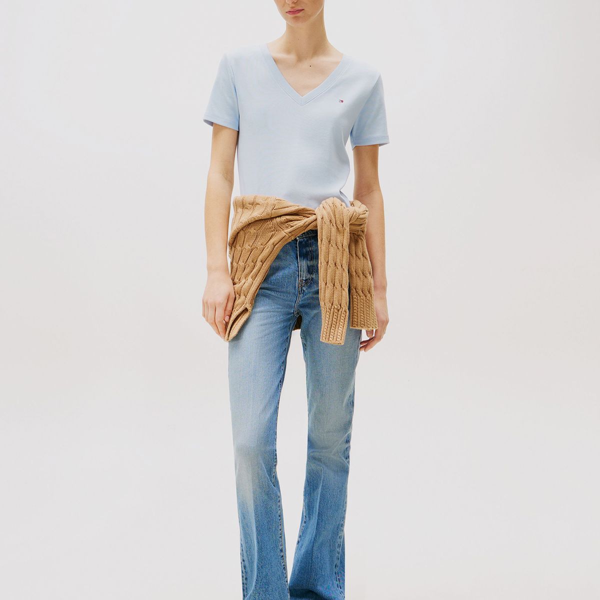 TOMMY HILFIGER - Polera A Rayas V-Neck Slim Fit Celeste Tommy Hilfiger