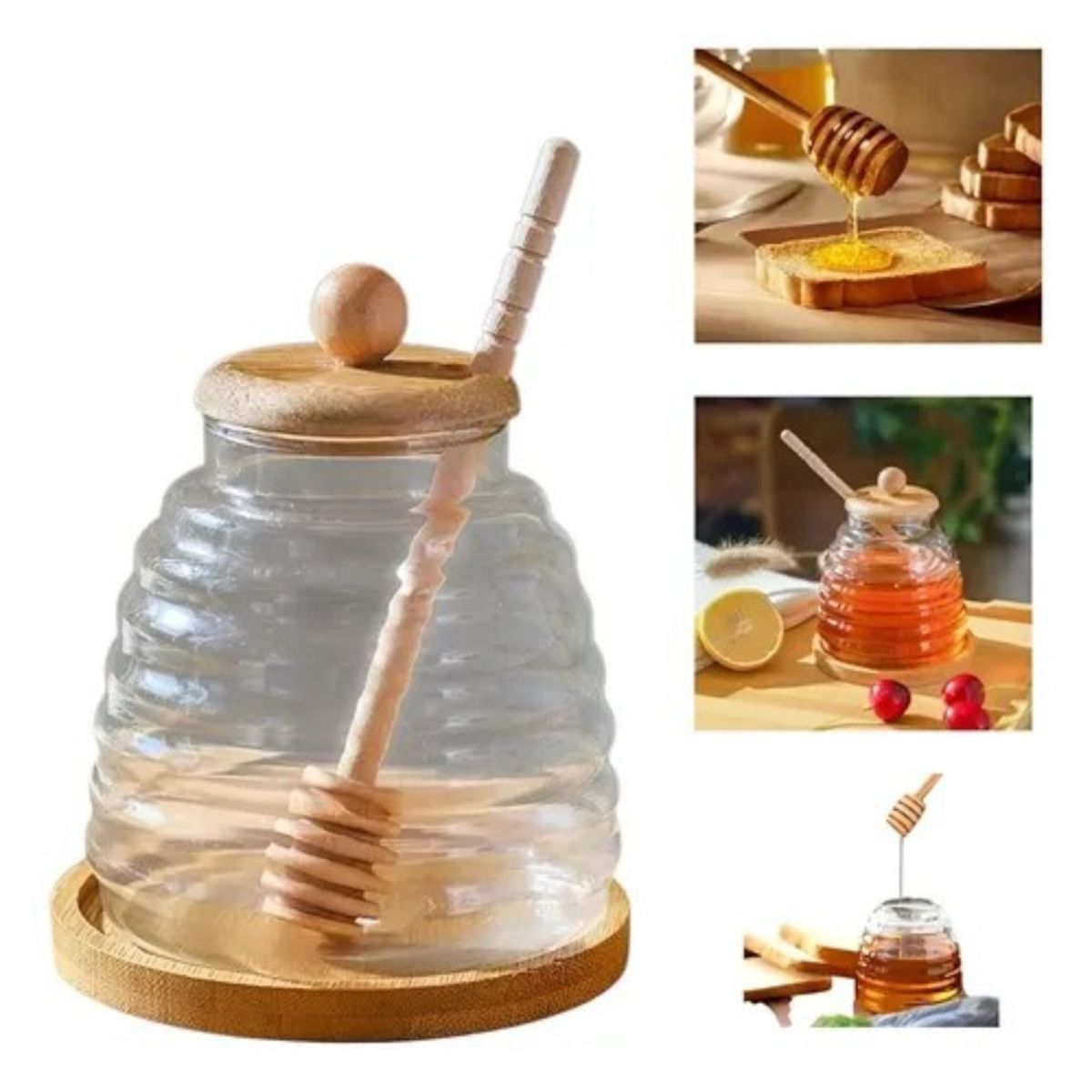 GENERICO - Frasco Tarro De Vidrio Para Miel Con Tapa De Bambu 450ml Trasparente