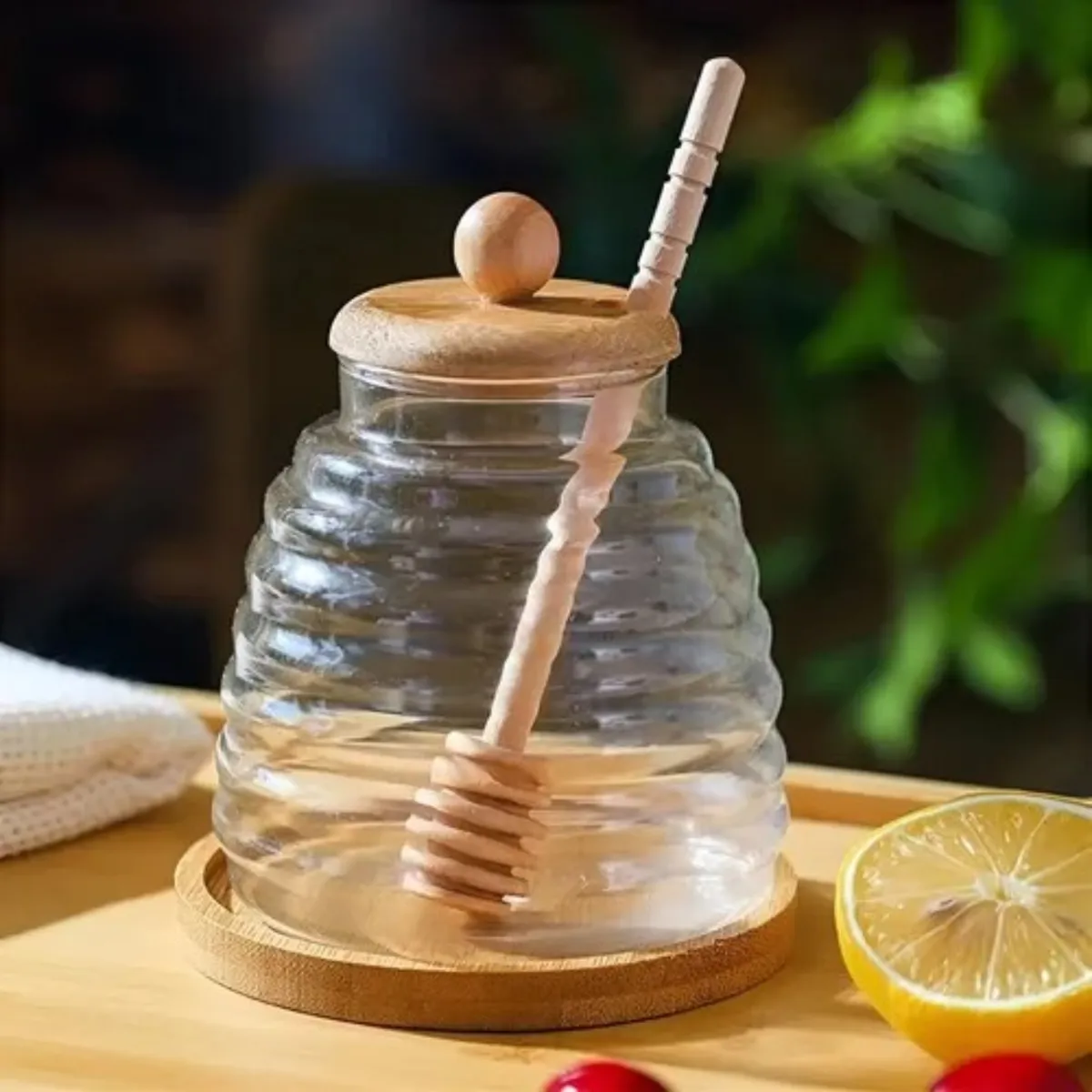 GENERICO - Frasco Tarro De Vidrio Para Miel Con Tapa De Bambu 450ml Trasparente