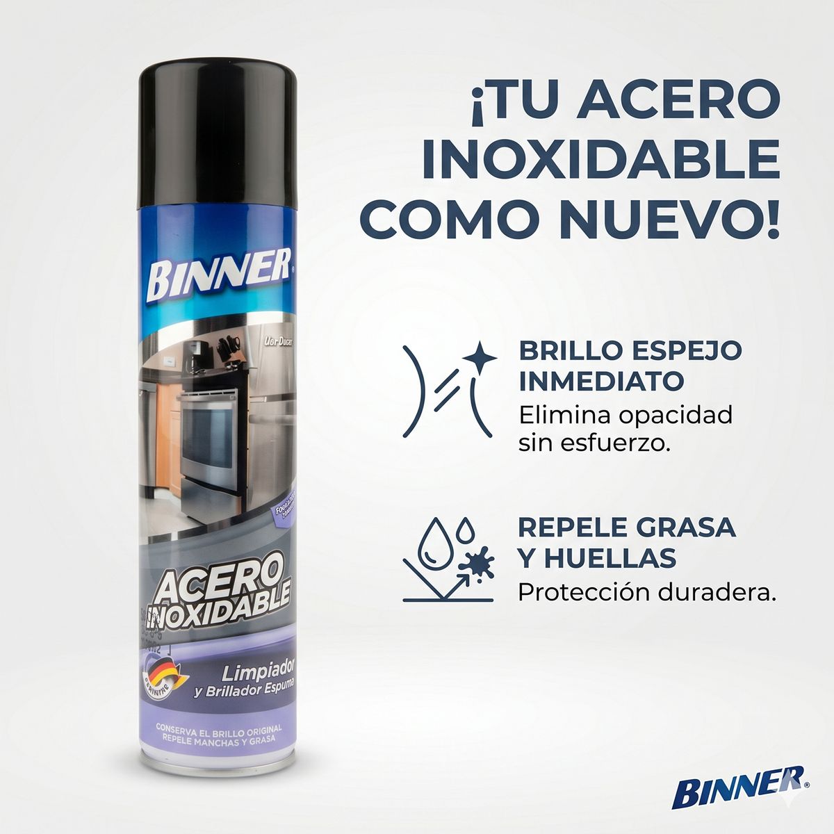 GENERICO - Limpiador y Brillador Binner Acero Inoxidable Espuma 400ml