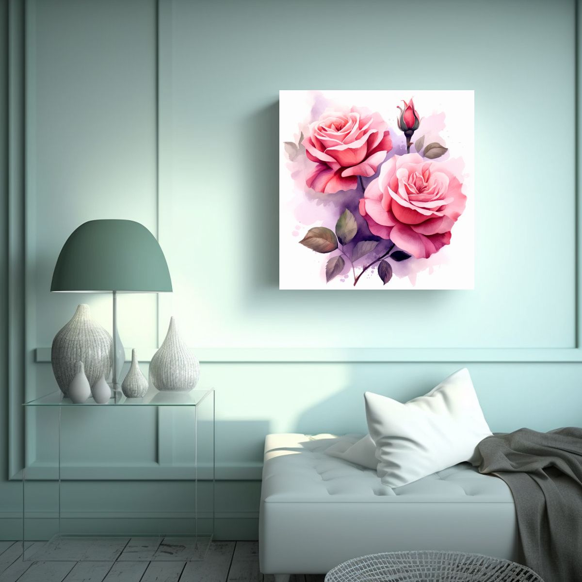 GENERICO - Ilustración Simétrica De Rosas Acuarela Arte 70x70 Cm