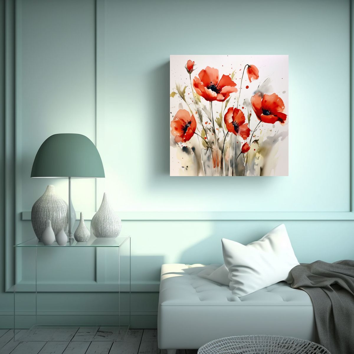 GENERICO - Cuadro De Amapolas En Acuarela Sobre Lienzo De 80x80 Cm