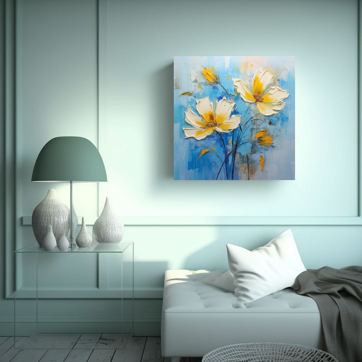 GENERICO - Pintura De Flores Amarillas Y Azules En Relieve 70x70 Cm
