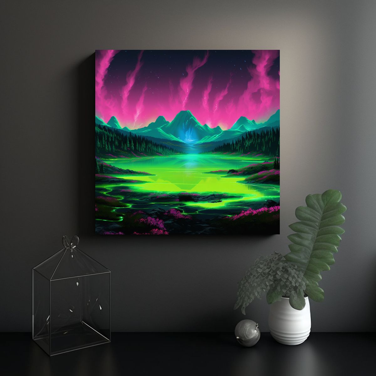 GENERICO - Cuadro Cuadro Visión Lago Neón Rodeado De Altas 80x80 Cm