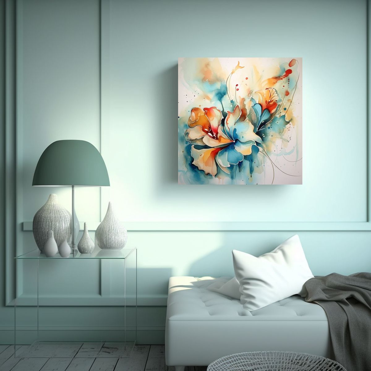 GENERICO - Cuadro Abstracto Floral En Acuarela Con Finas 90x90 Cm