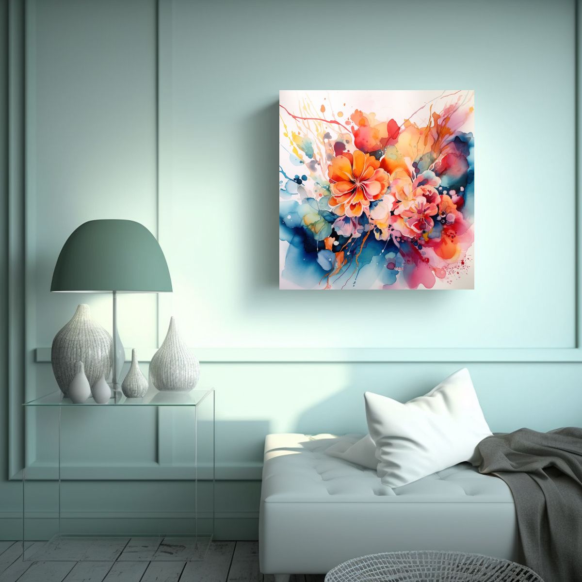 GENERICO - Cuadro Abstracto Floral En Acuarela Y Líneas 70x70 Cm