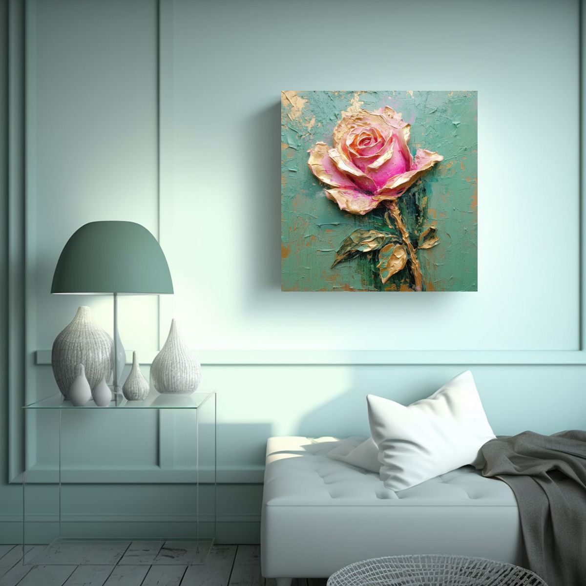 GENERICO - Cuadro Decorativo De Rosa Rosa Sobre Muro Verde Y 70x70 Cm