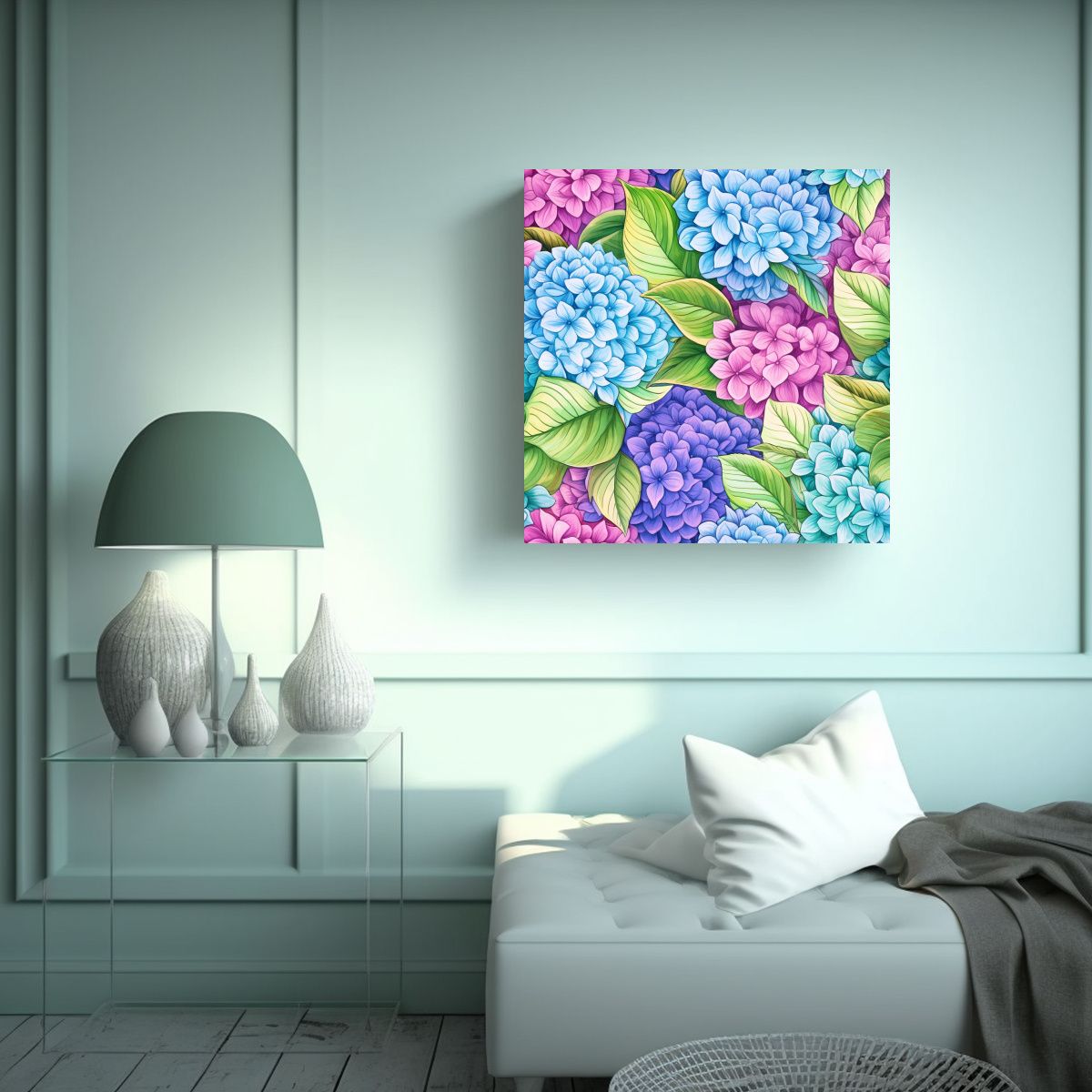 GENERICO - Pintura Vanguardia Escena Con Hidrangeas Azules 70x70 Cm