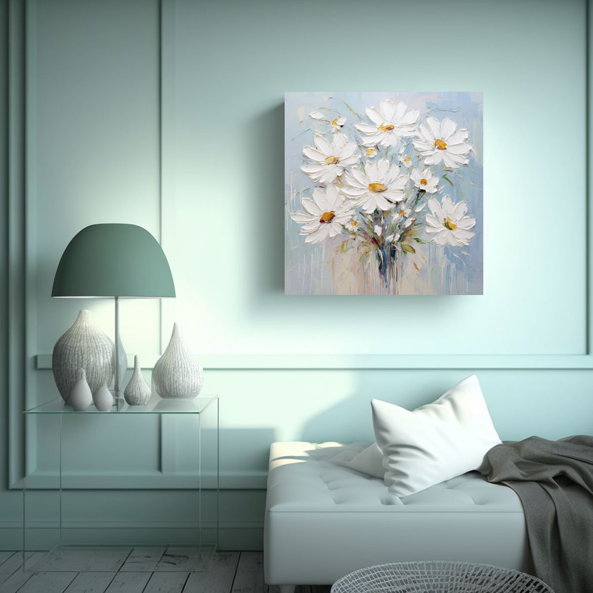 GENERICO - Pintura Abstracta De Flores En Blanco Sobre 70x70 Cm