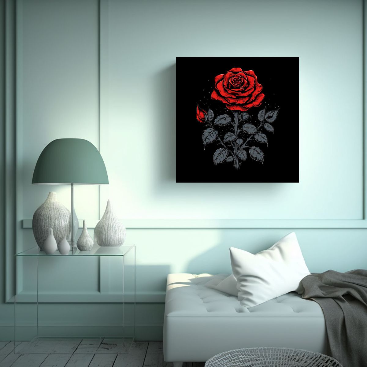 GENERICO - Rosa Roja Destaca Entre Rosas Negras Cuadro 70x70 Cm