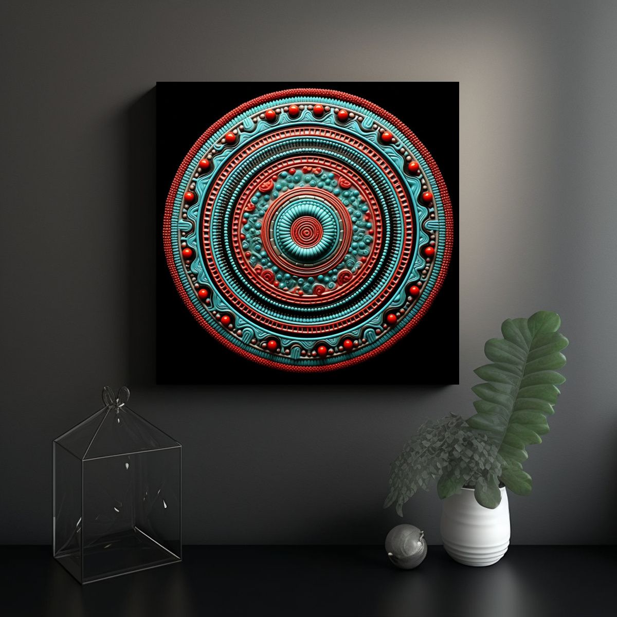 GENERICO - Lienzo Espiral Mandala Estilo Hopi Turquesa Arte 80x80 Cm.