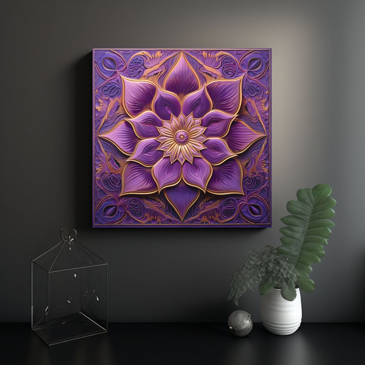 GENERICO - Cuadro Geométrico Floral Púrpura Estilo 80x80 Cm