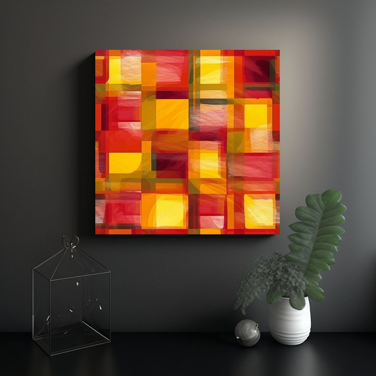 GENERICO - Cuadro Conceptual A Cuadros Rojos Y Amarillos 70x70 Cm