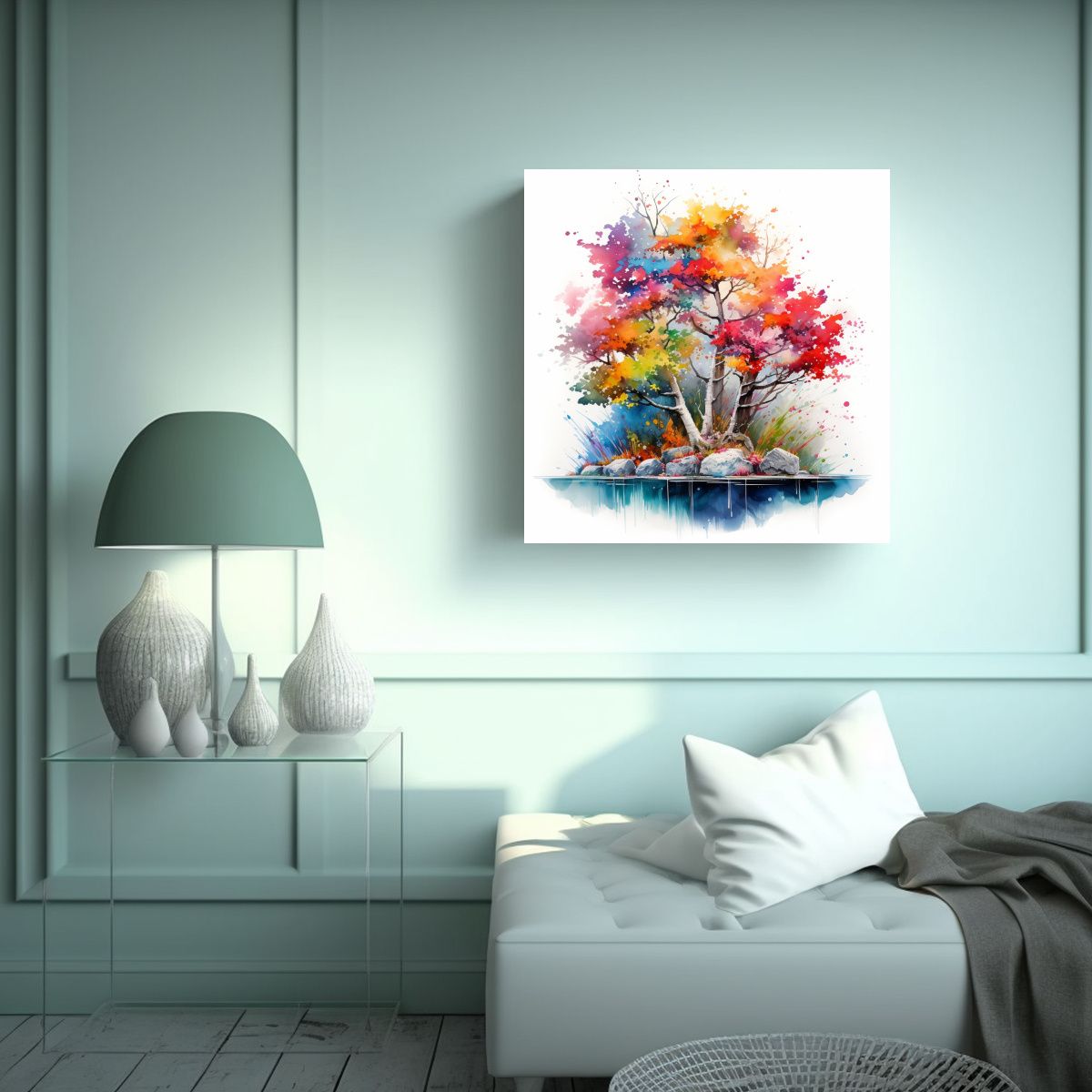 GENERICO - Pintura Acuarela árbol Abedul Bonsái Colores 70x70 Cm