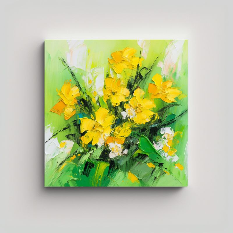 GENERICO - Pintura Lienzo Adorno Amarillo Y Verde Flores De 90x90 Cm