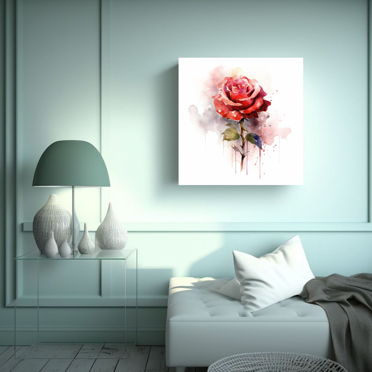 GENERICO - Fotografía En Lienzo De Rosa Roja Acuarela Para 90x90 Cm