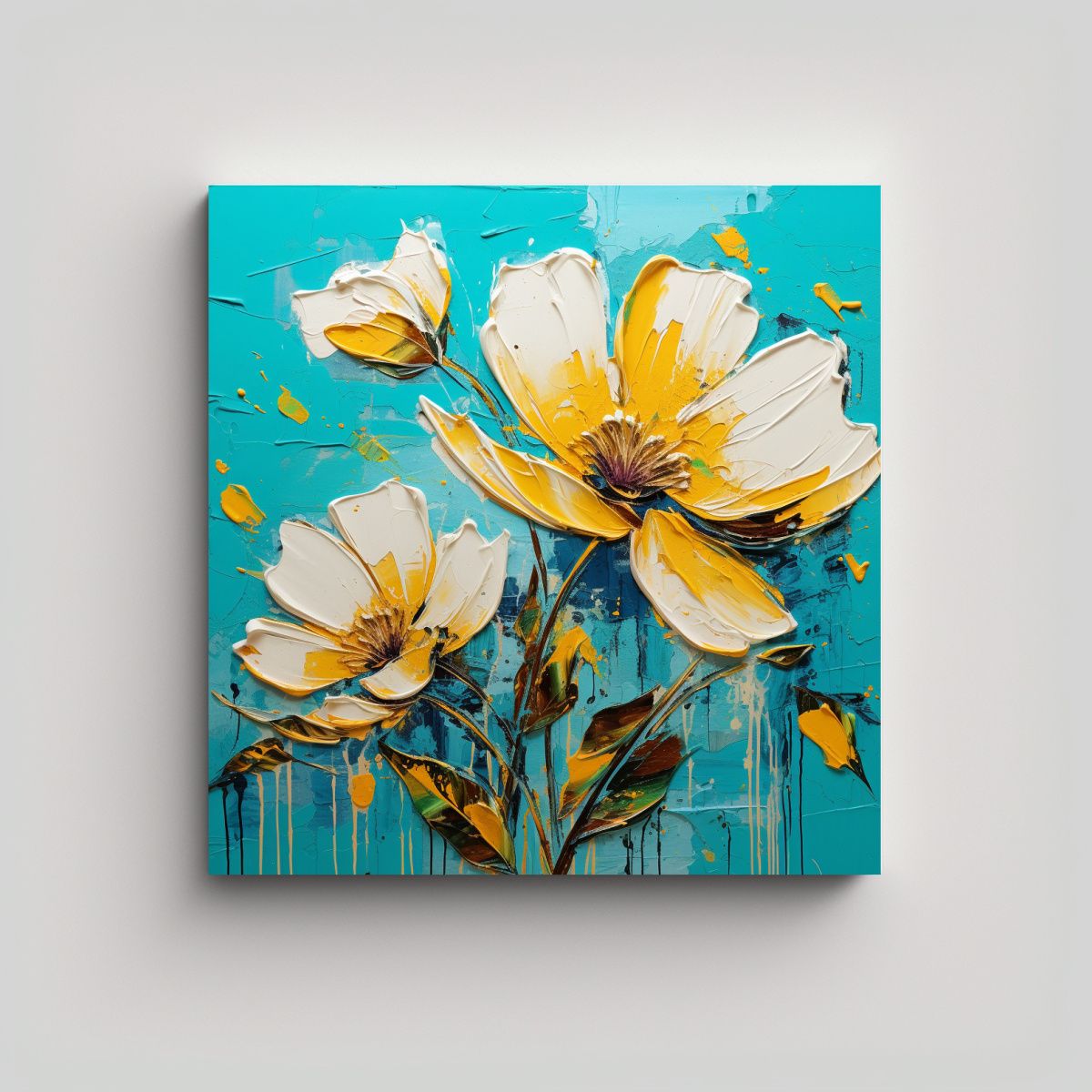GENERICO - Pintura De Flores Amarillas Y Turquesas En Lienzo 90x90 Cm