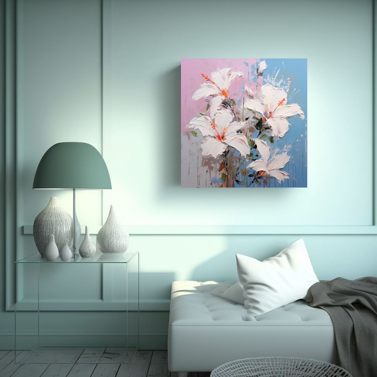 GENERICO - Pintura De Flores Blancas Y Rosadas Sobre Lienzo 70x70 Cm
