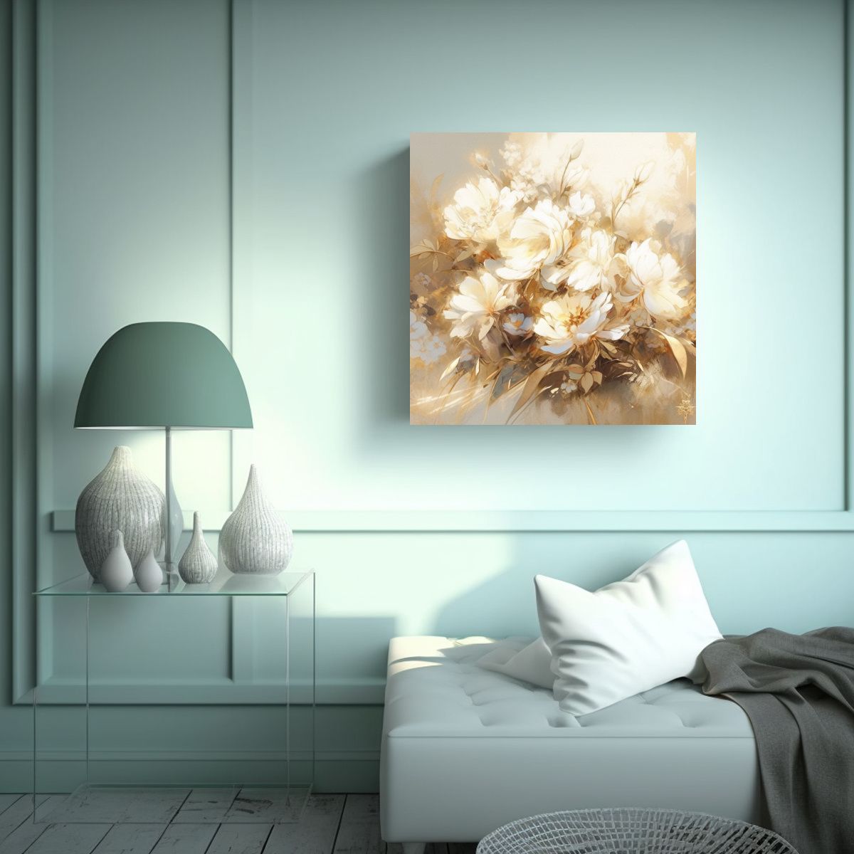 GENERICO - Cuadro Abstracto Dorado Con Flores Para Decorar 80x80 Cm