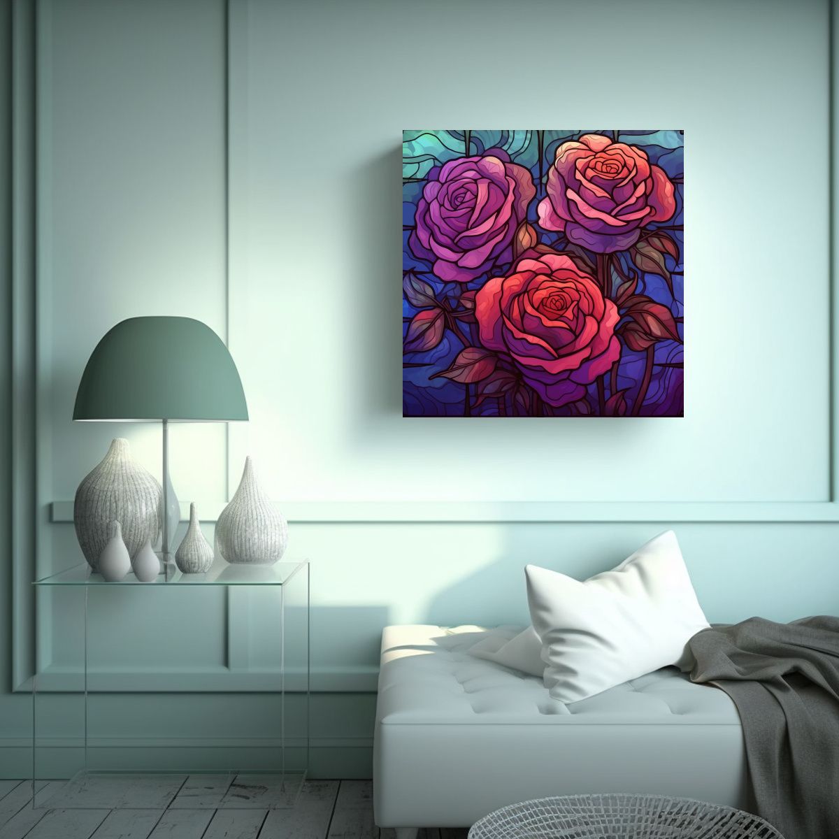 GENERICO - Ilustración De Rosas Vidriera Morada Arte Pared 90x90 Cm