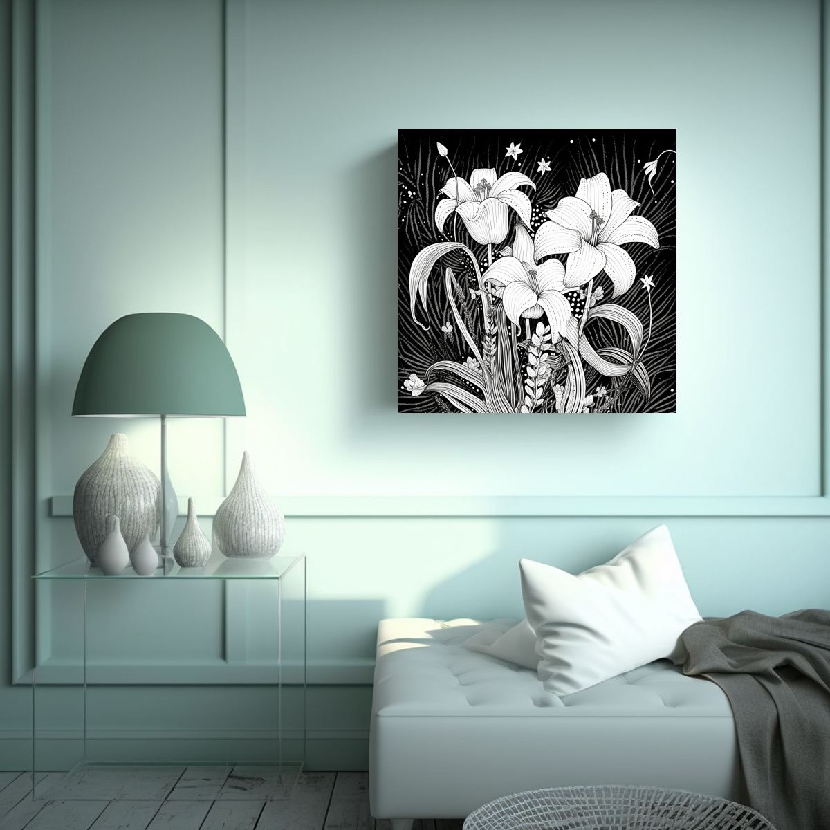 GENERICO - Lienzo Surrealista En Blanco Y Negro Con Dibujos 80x80 Cm