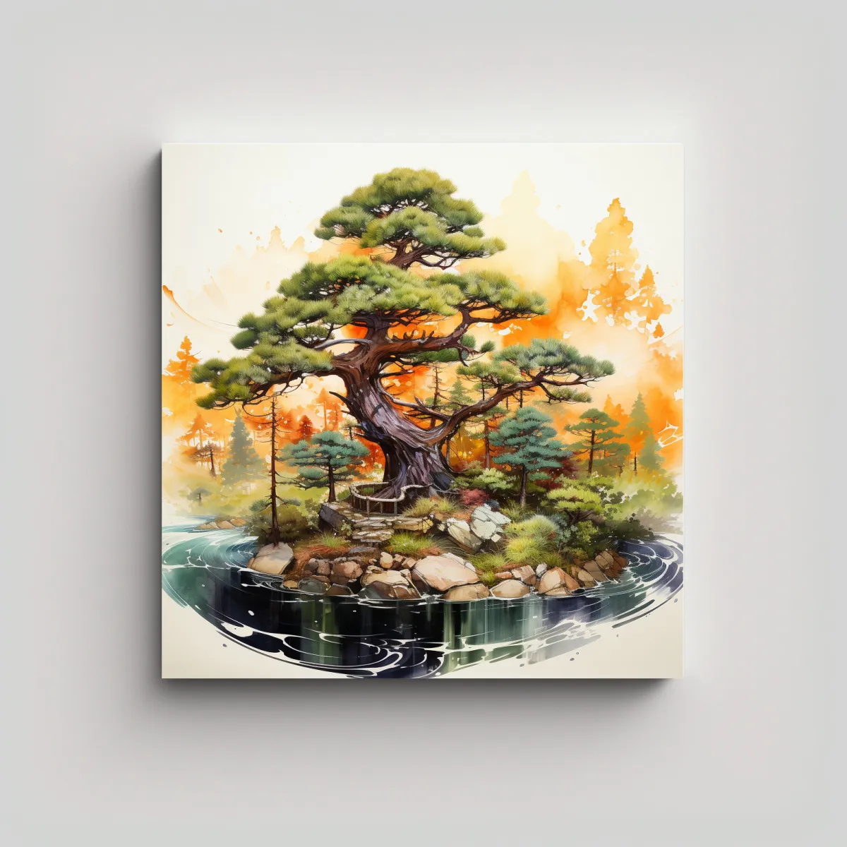 GENERICO - Pintura Abstracta De árbol De Pino Bonsái En 70x70 Cm
