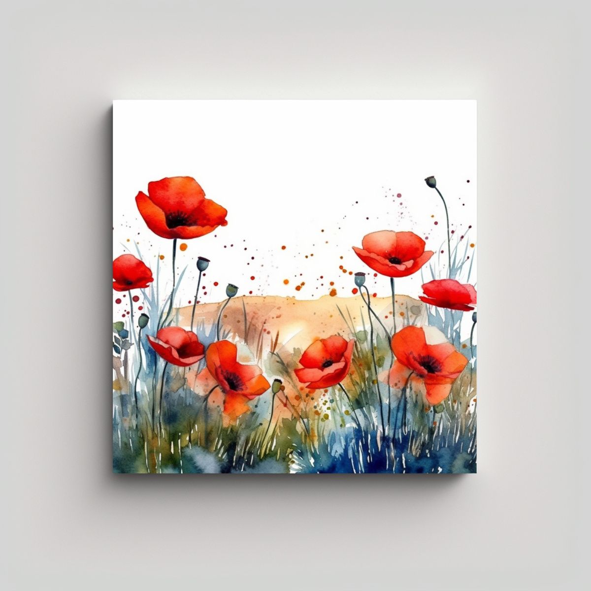 GENERICO - Ilustración De Campo De Amapolas Acuarela Lienzo 90x90 Cm