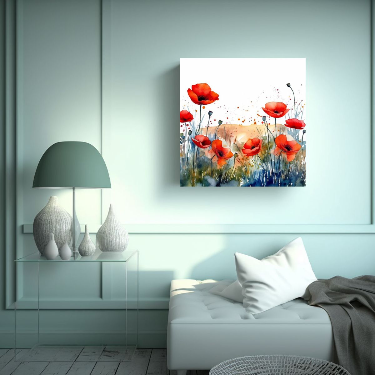 GENERICO - Ilustración De Campo De Amapolas Acuarela Lienzo 90x90 Cm