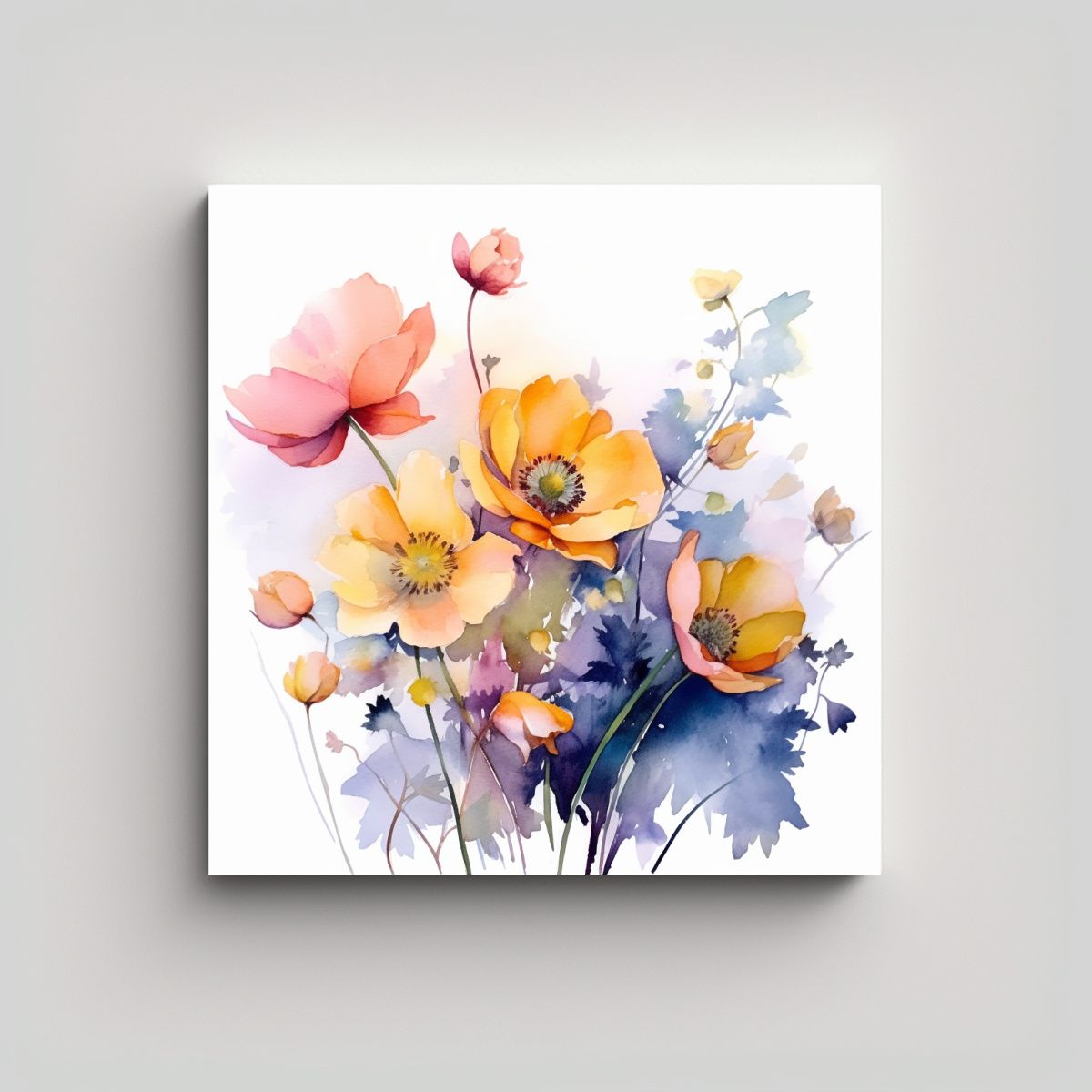 GENERICO - Cuadro Decorativo Canva Con Flores En Acuarela Y 70x70 Cm