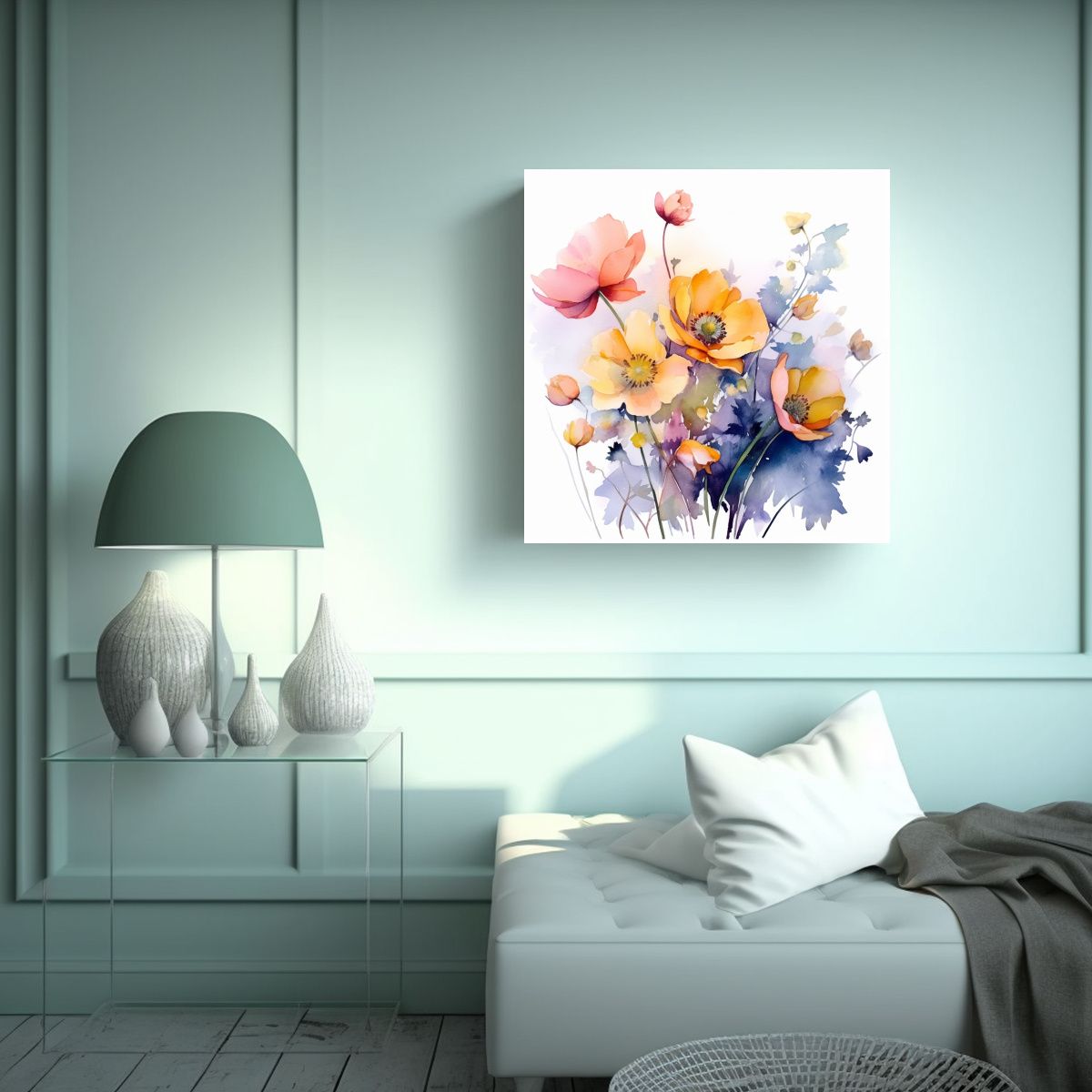 GENERICO - Cuadro Decorativo Canva Con Flores En Acuarela Y 70x70 Cm