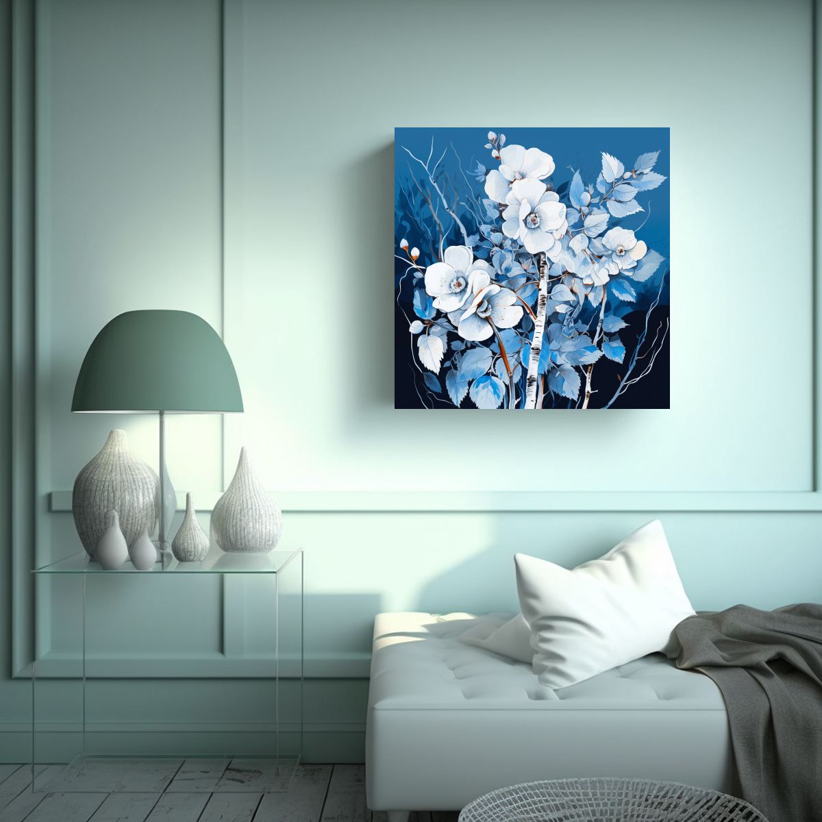 GENERICO - Pintura De Pared De Abedul Blanco Y Azul Con 80x80 Cm.