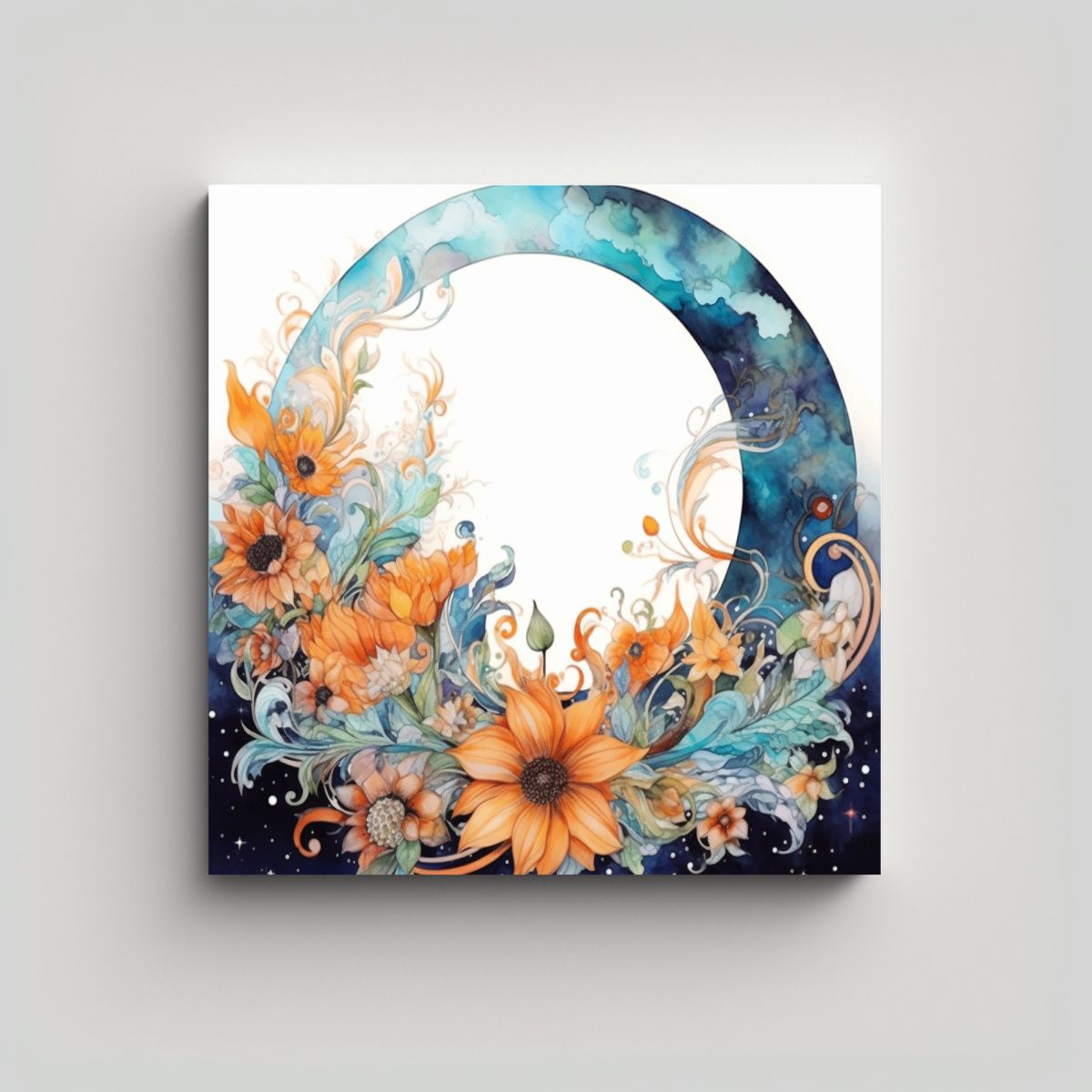 GENERICO - Pintura Orgánica De La Luna Con Flores Colores 80x80 Cm