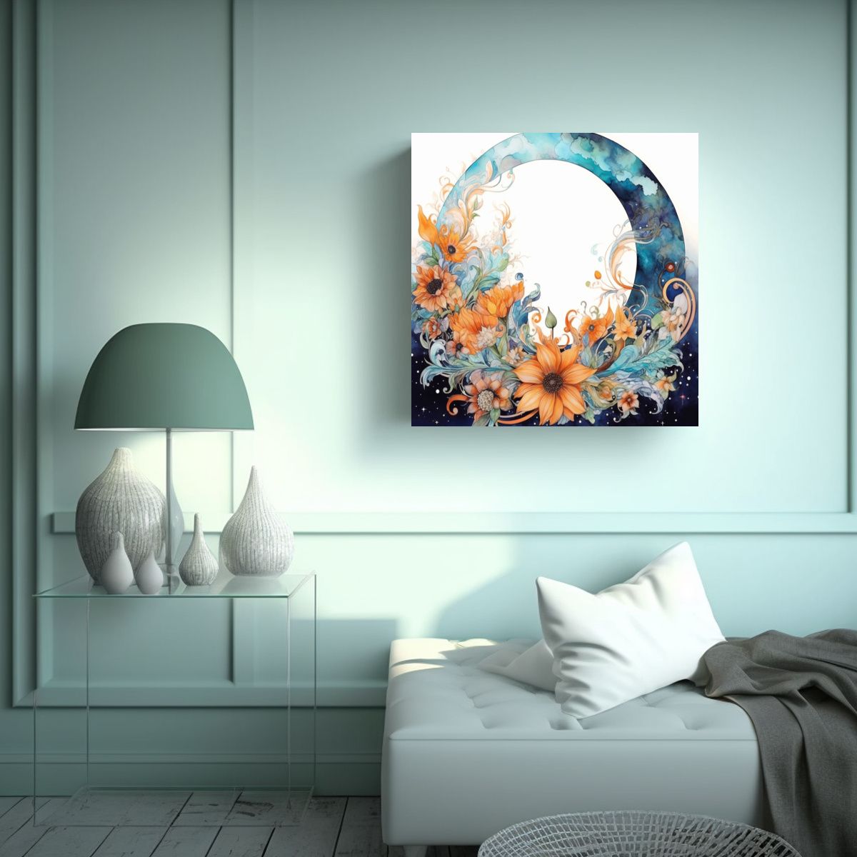 GENERICO - Pintura Orgánica De La Luna Con Flores Colores 80x80 Cm