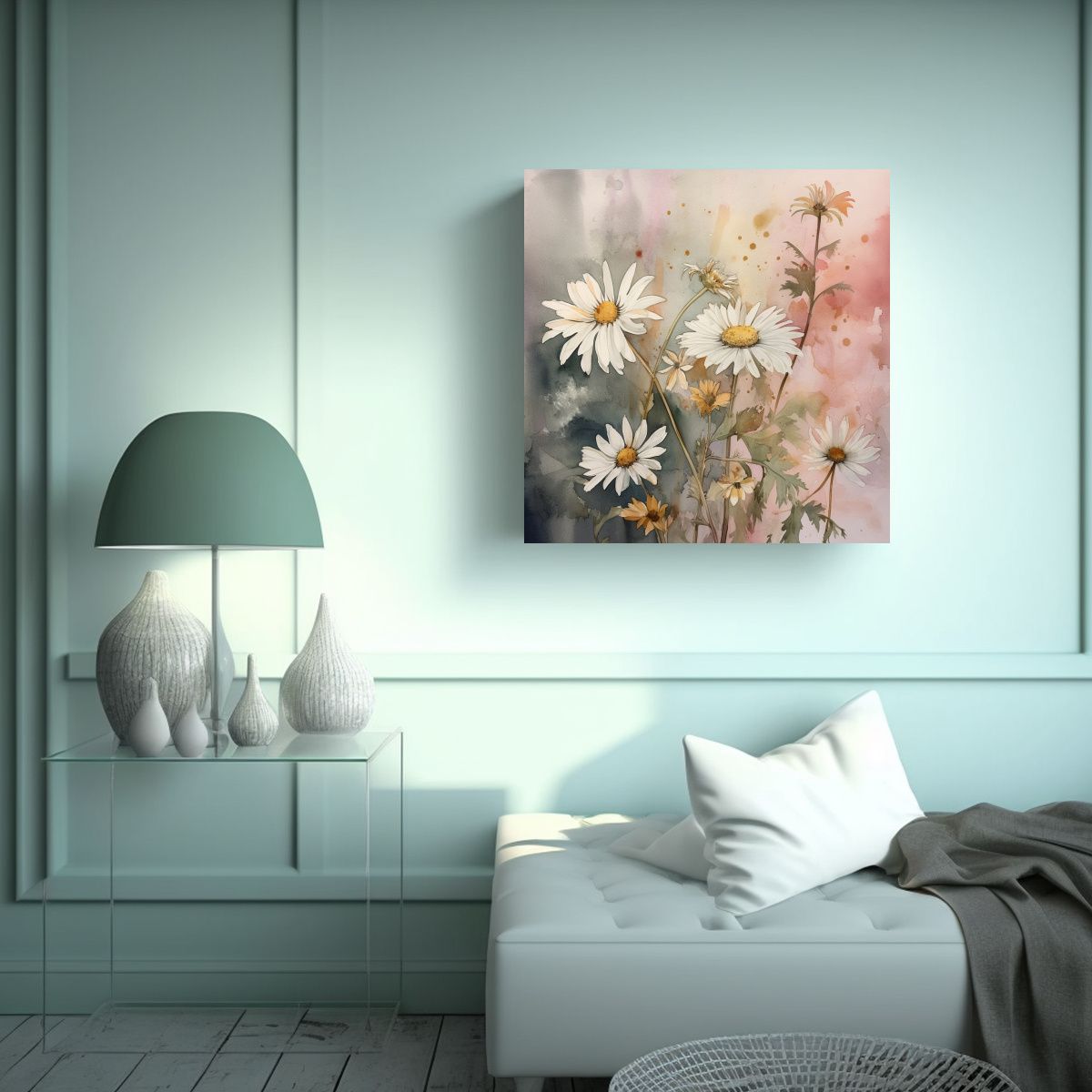 GENERICO - Cuadro Decorativo Calma Margaritas Dorado Gris 80x80 Cm.