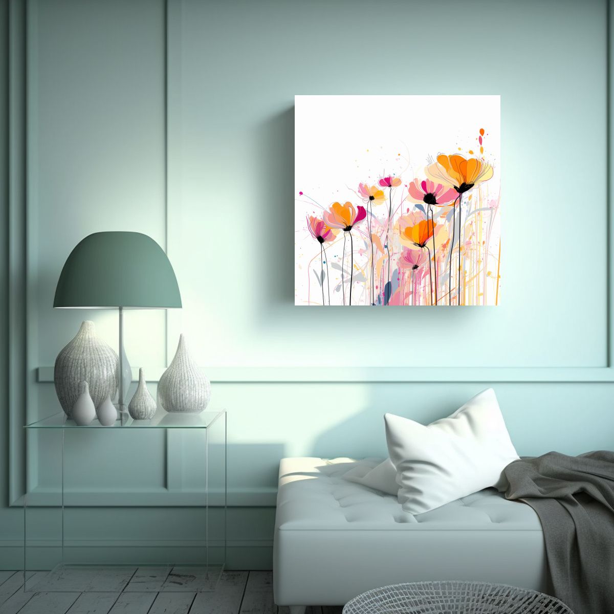 GENERICO - Cuadro Abstracto De Flores En Línea Con Esquema 90x90 Cm