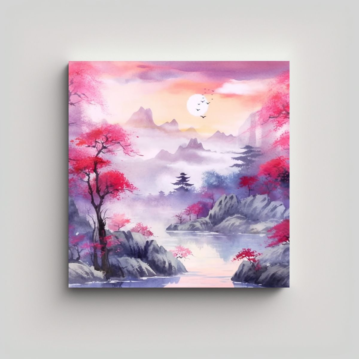 GENERICO - Paisaje Oriental En Acuarela Lienzo De Tela 4K 70x70 Cm