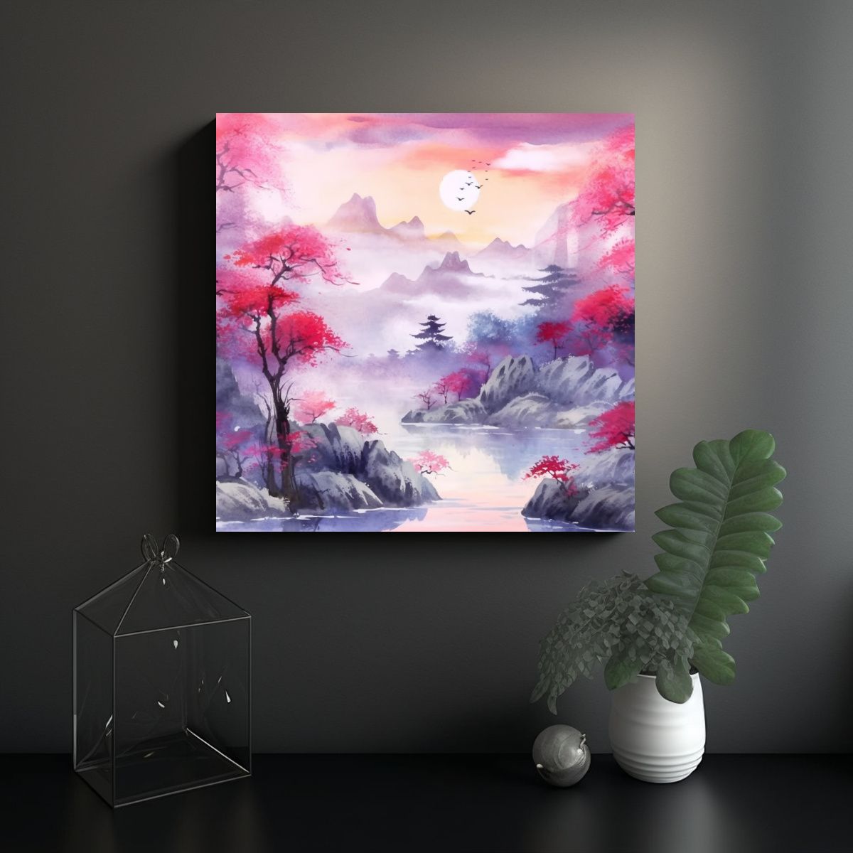 GENERICO - Paisaje Oriental En Acuarela Lienzo De Tela 4K 70x70 Cm