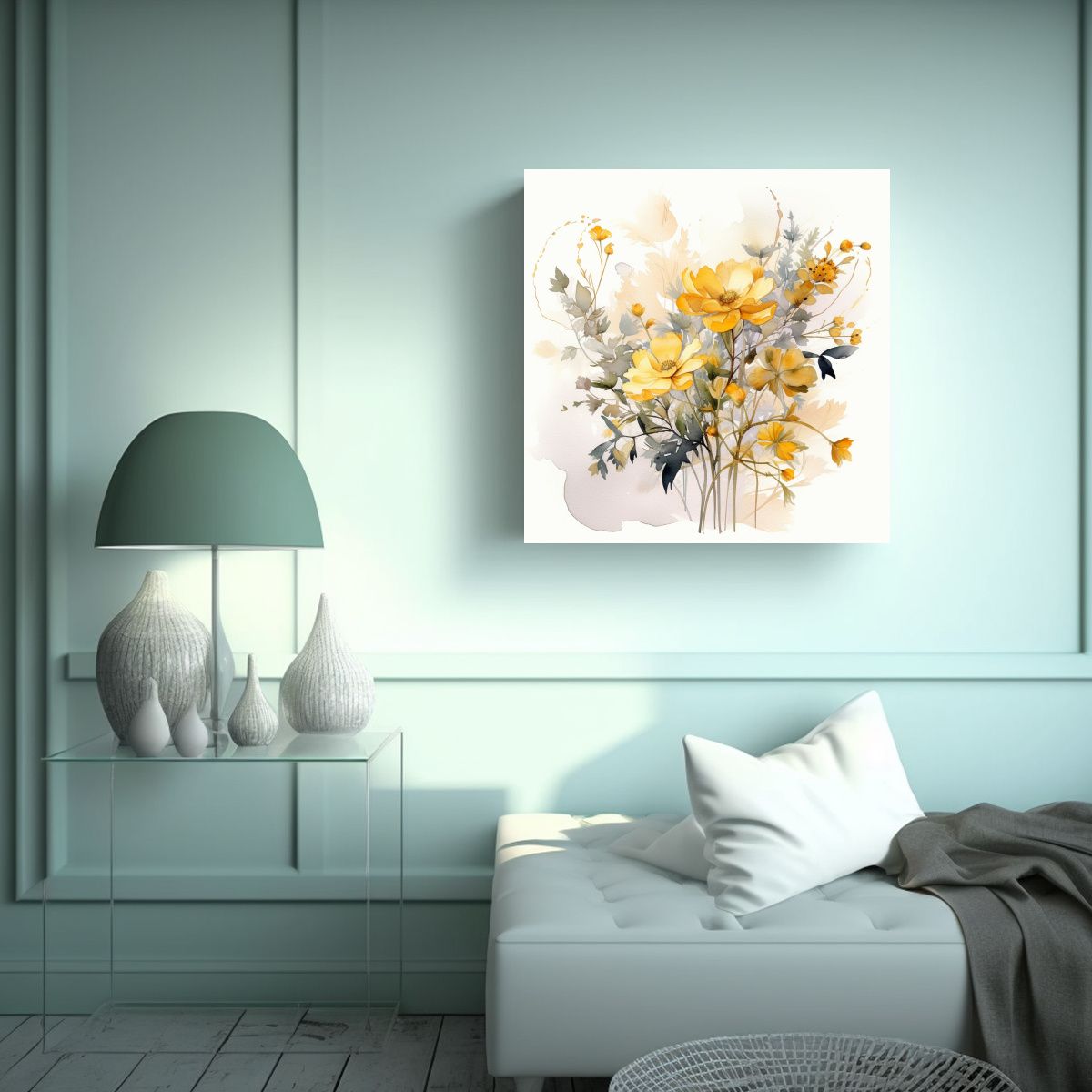 GENERICO - Ilustración Floral En Acuarela Amarilla Arte De 70x70 Cm